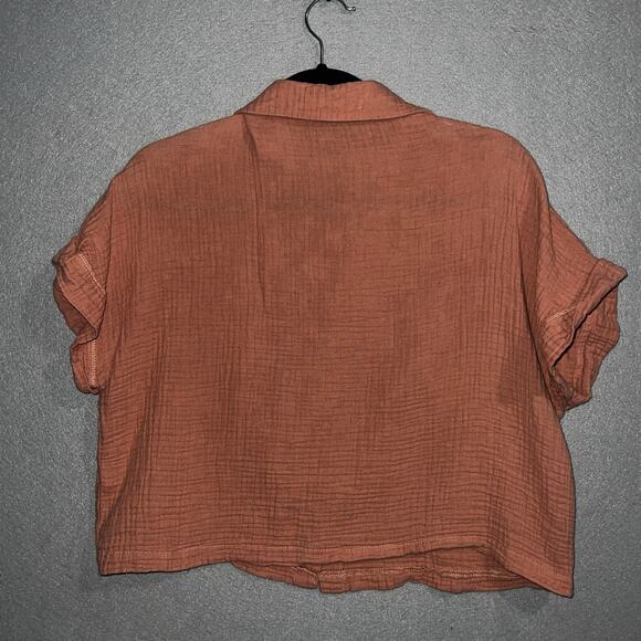 Shein Top Women's Large Orange Rust Cropped Collard Boxy Fit Boho Textured - Picture 2 of 3